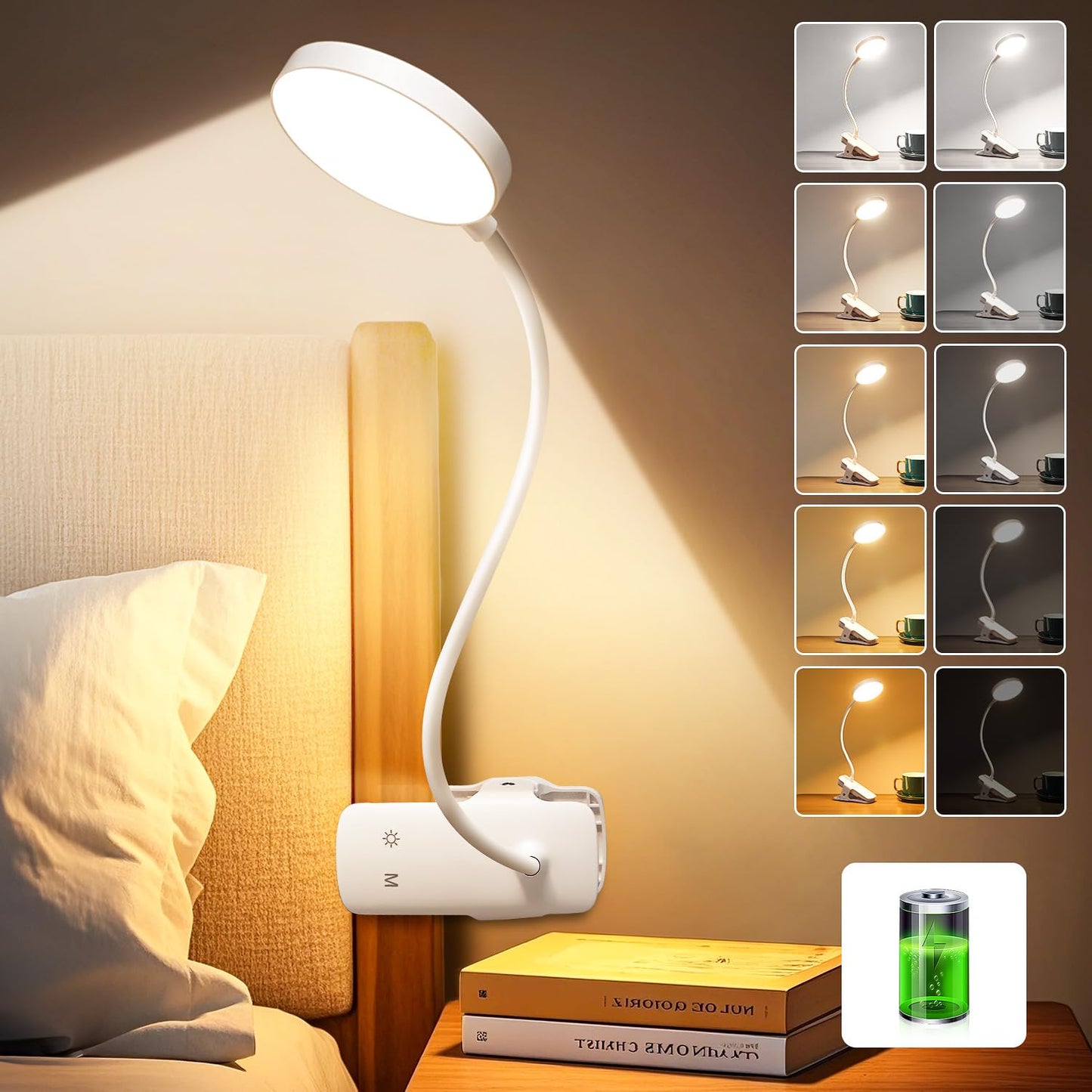 One Fire Reading Lights for Books in Bed, 3600 mAh Rechargeable Lamp, 5 Brightness/5 Colors/Memory Clip on Light, 360° Flexible Reading Lamp, 400LM+36 LED Clip On Reading Light, University Essentials