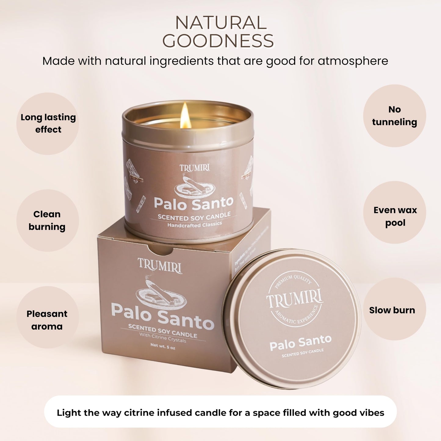 Palo Santo Candle for Home - Highly Scented with Citrine Crystals - 5oz Soy Wax Organic Non Toxic for Aromatherapy Relaxation Meditation - Room Decor for Men - New House Essentials - Pet Safe Candel