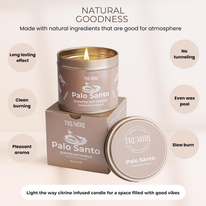 Palo Santo Candle for Home - Highly Scented with Citrine Crystals - 5oz Soy Wax Organic Non Toxic for Aromatherapy Relaxation Meditation - Room Decor for Men - New House Essentials - Pet Safe Candel