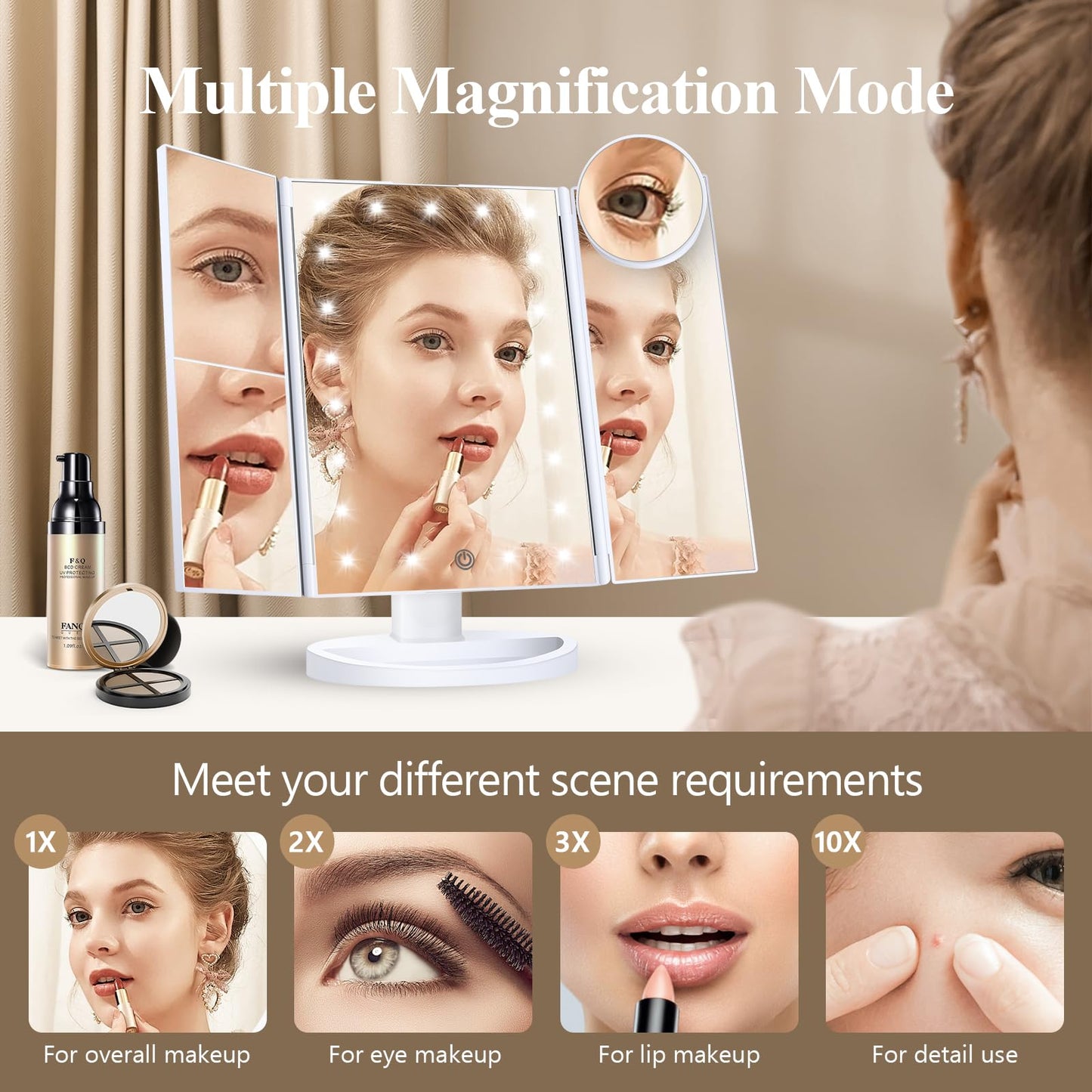 HUONUL Makeup Mirror, Vanity Mirror with Lights, 2X/3X/10X Magnification, Touch Control, Trifold, Dual Power Supply, Valentines Day Gifts for Her,Gifts for Women, Wife, Mom, Girls,Dorm Room Essentials