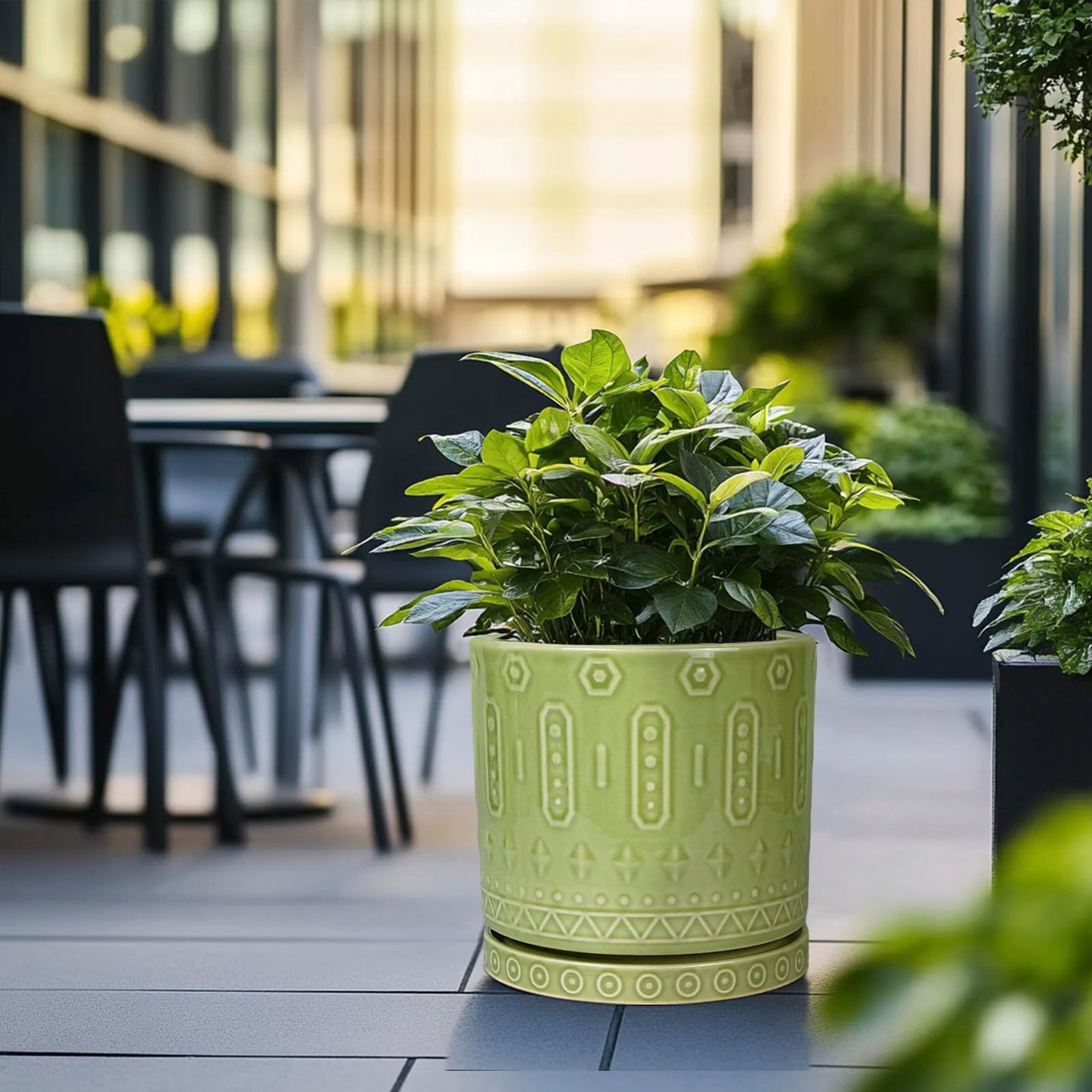 Eightpot Ceramic Planter - 12 Inch Pots for Plants Indoor Outdoor, Round Large Flower Pots with Drainage Hole and Saucer, Decorative Boho Planter, Home Office Decor, Plant Lover Gifts, Green