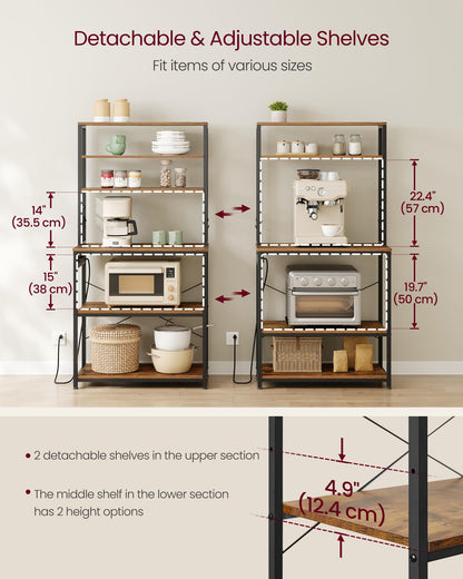 VASAGLE Bakers Rack with Power Outlet, 31.5 Inches Coffee Bar for Kitchen with Storage, 6-Tier Kitchen Shelves with 6 Hooks, Microwave Stand, Industrial, Rustic Brown and Ink Black UKKS119K01