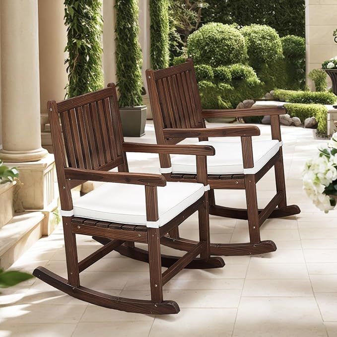VINGLI Outdoor Rocking Chair, Weatherproof Rocker with Cushion, Wooden Rocking Bench Support 450 LBS for Patio, Yard, Garden, Outdoor or Indoors, Rustic