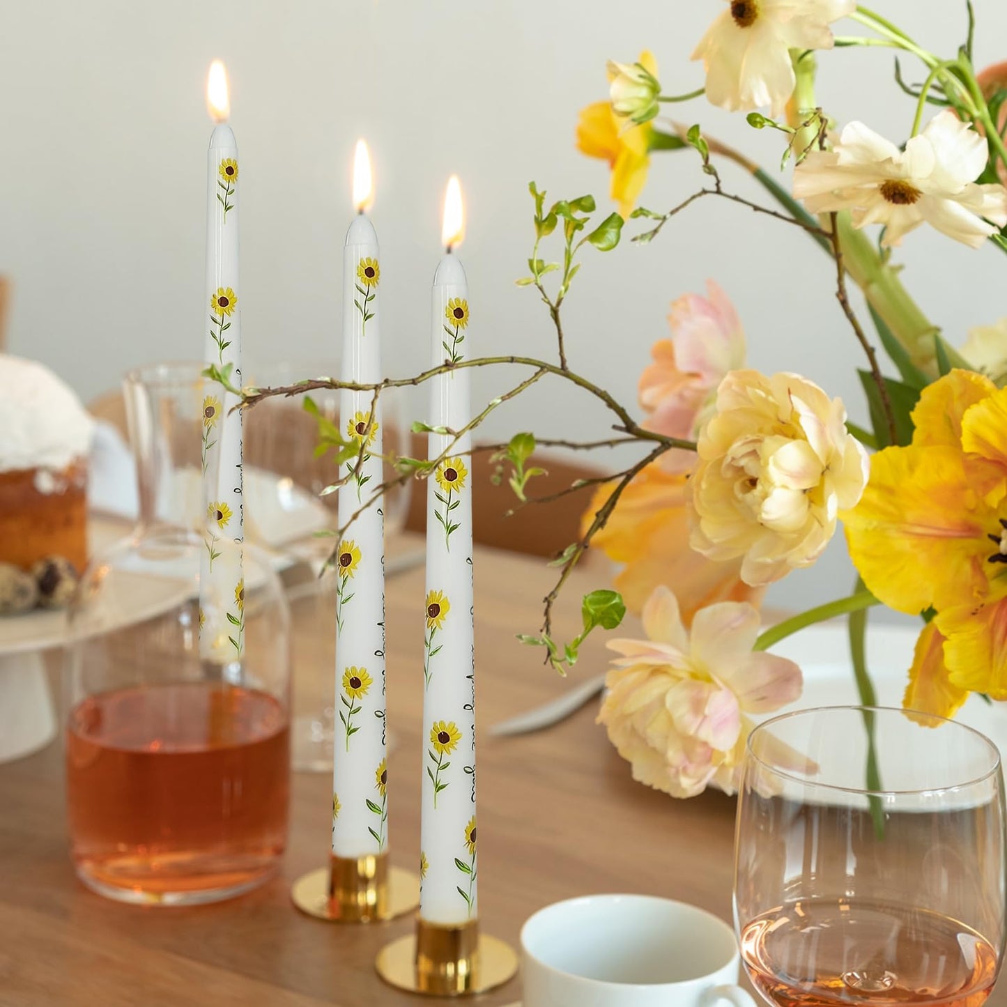 Cream Floral Sunflower Taper Candles - 10 Inch Handmade Drip Candles, Set of 2 for Wedding Holiday Decor & Gifts