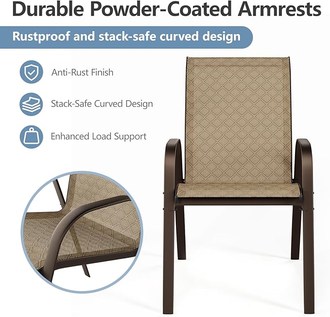 SWITTE Patio Chairs Set of 4 with Armrests, Outdoor Stackable Dining Chairs with Breathable Backrest and Metal Frame for Lawn, Garden, Deck, Poolside, Beige
