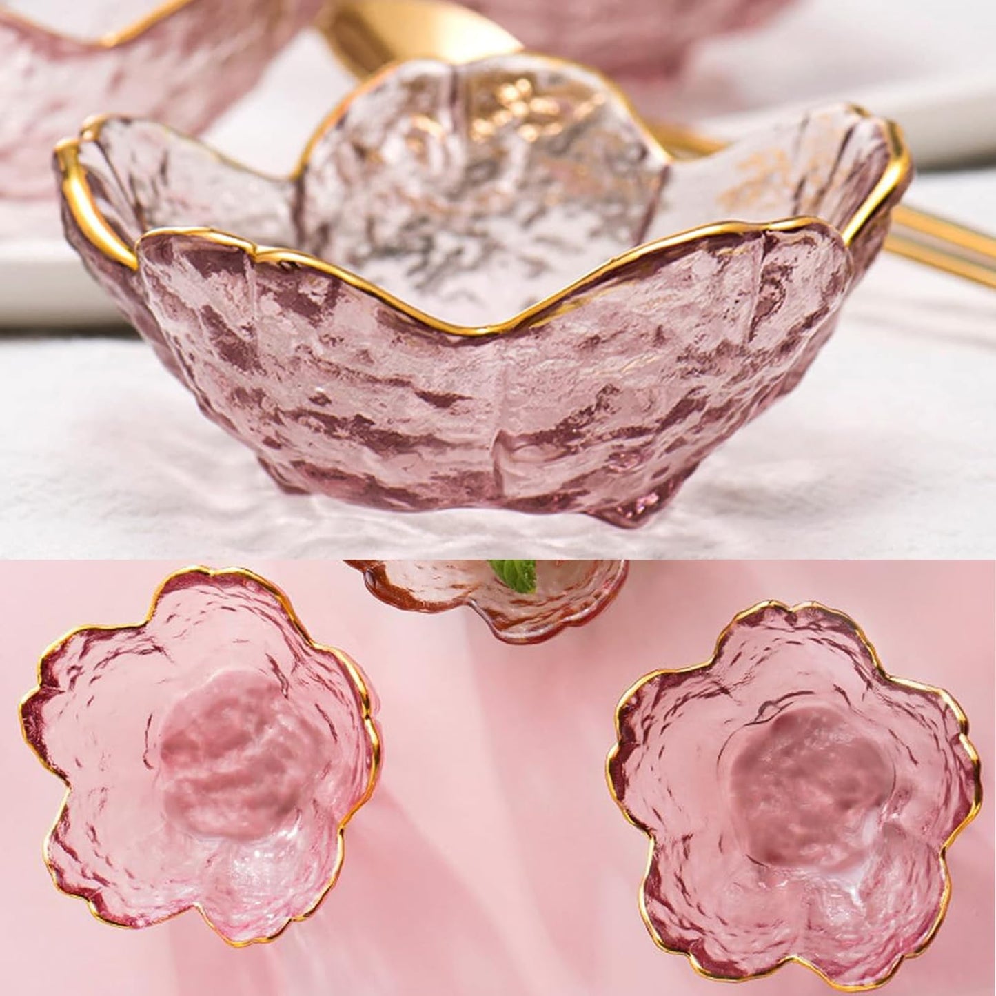 Seasoning bowls with gold rim,6 pcs Pink Cherry Flower Crystal Glass Appetizer Plates dipping bowls Small Glass Dish 3.26*1.42 inch ,6.2oz pink glass plates mini for charcuterie board (Phnom Penh)