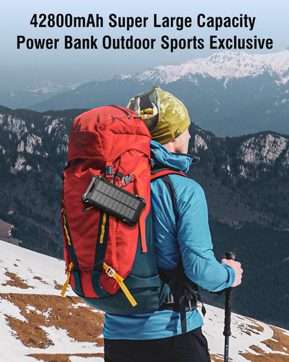 Sudrov Solar Charger Power Bank, 42800mAh Wireless Portable Charger with USB-C in/Output, QC3.0 Fast Charging 15W 4 Ports Outdoor Battery Pack Built-in Dual Led Flashlights for iPhone Samsung etc