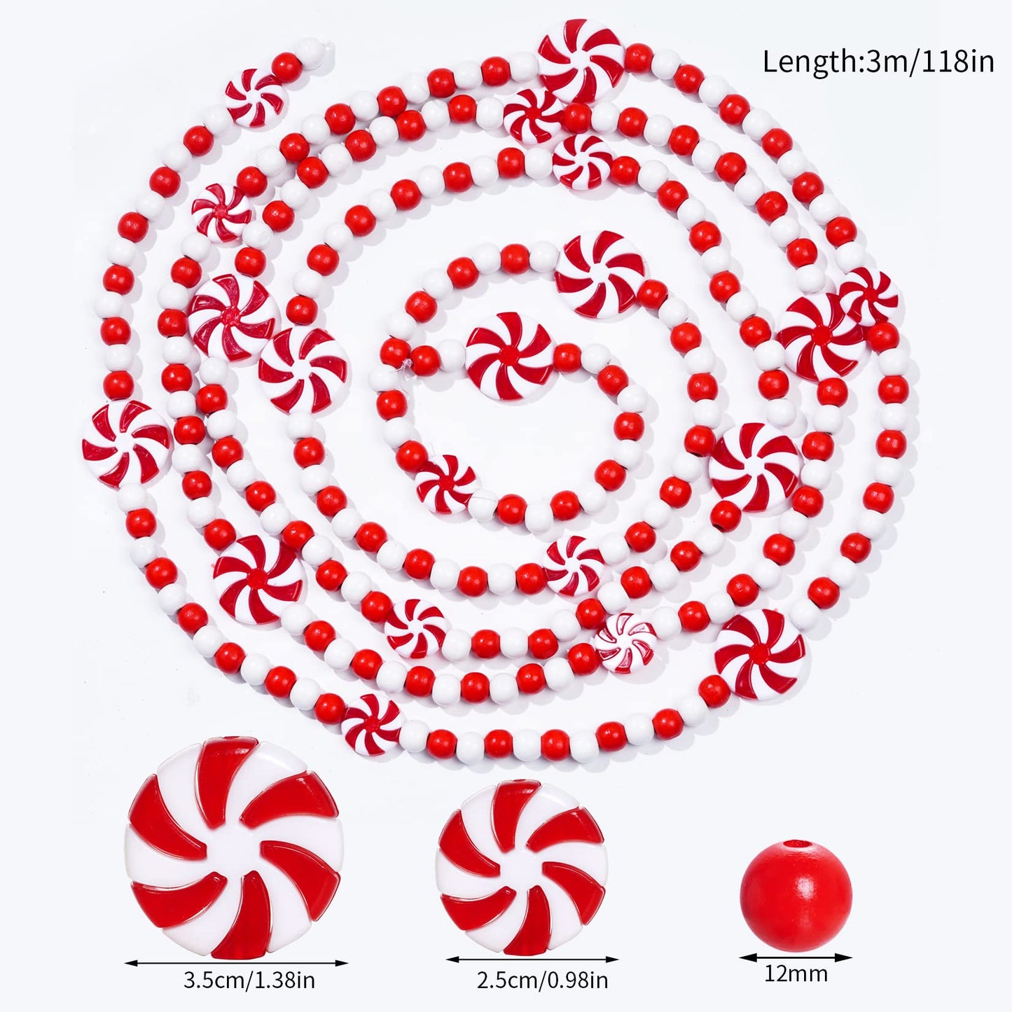 obmwang 10 Feet Christmas Wooden Bead Candy Garland Red and White Peppermint Candy Bead Garland for Xmas Party Supplies Holiday Decor