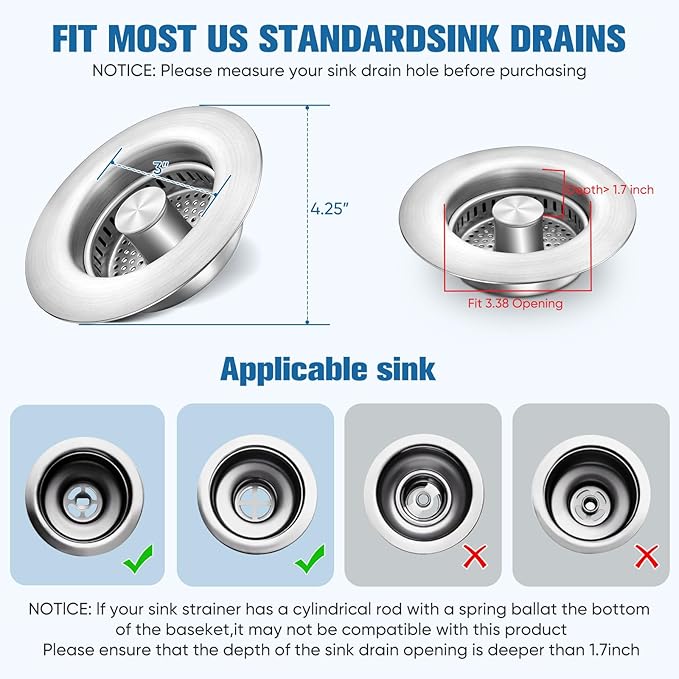 Sink Drain Strainer Kitchen Sink Drain Strainer&Sink Stopper, Stainless Steel