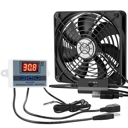 ELUTENG USB Fan 120mm with Digital Temperature Controller, PC Fan 1500RPM 3 Adjustable Speeds with Metal Grill for Laptop/TV Box/AV Cabinet/PS5/Router