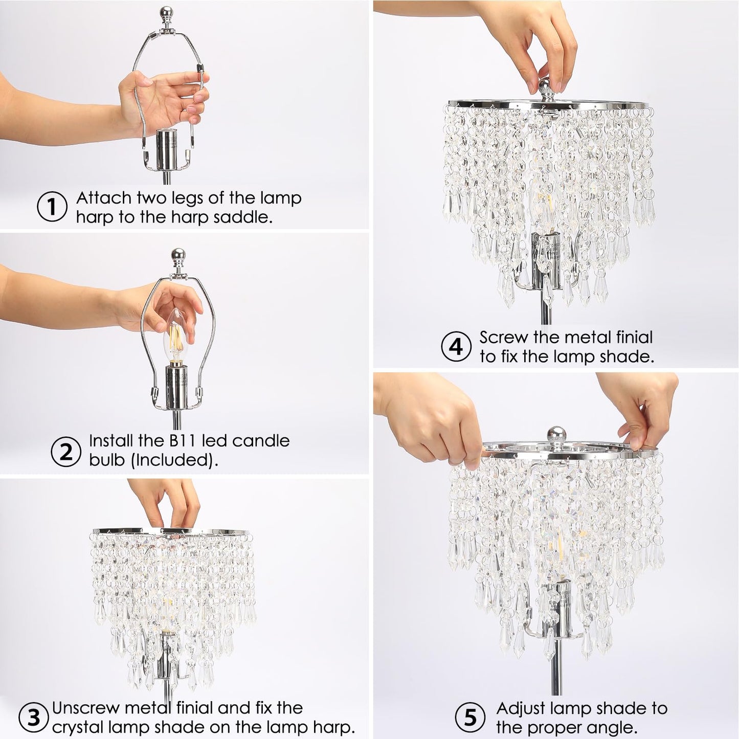 Touch Control Crystal Table Lamp with USB C+A Charging Ports, 3-Way Dimmable Bedside Touch Lamp Decorative Nightstand Lamp with Elegant Lampshade for Living Room Bedroom, B11 LED Bulb Included