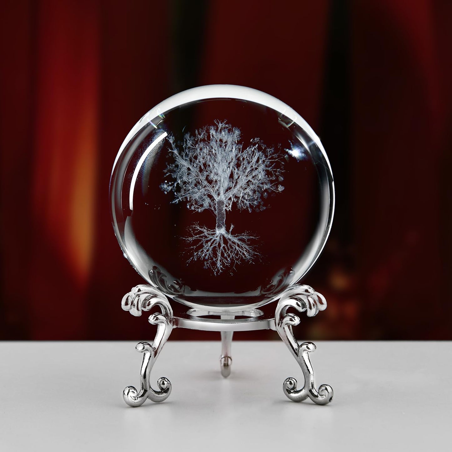 Tree of Life Crystal Ball with Stand, 60mm 3D Laser Engraved Glass Sphere Decorative Balls Paperweight Gifts for Women Mom Kids