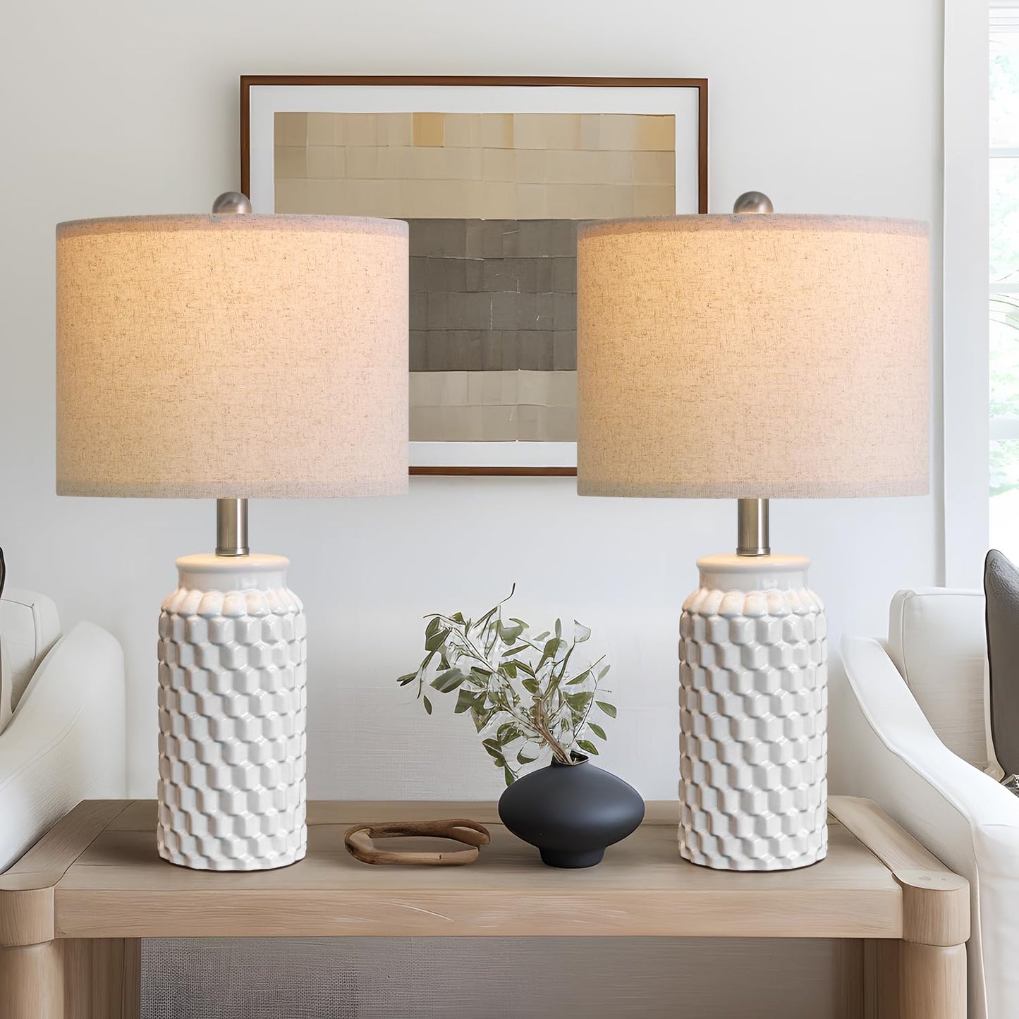 USumkky 20.5" White Modern Ceramic Bedside Lamps Set of 2, Small Table Lamp for Bedroom Decor Farmhouse Nightstand Lamp for Living Room Office