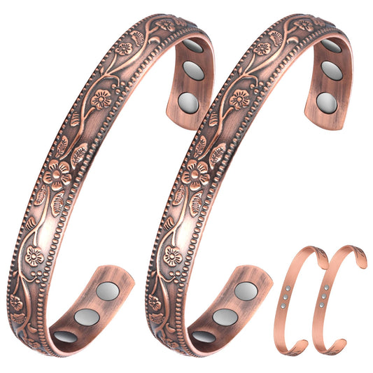 Jecanori 2Pcs Magnetic Copper Bracelets for Women for Arthritis and Joint, Vintage Flower 99.99% Pure Copper Bracelets with 3500 Gauss Magnets, Adjustable Cuff Jewelry with Gift Box