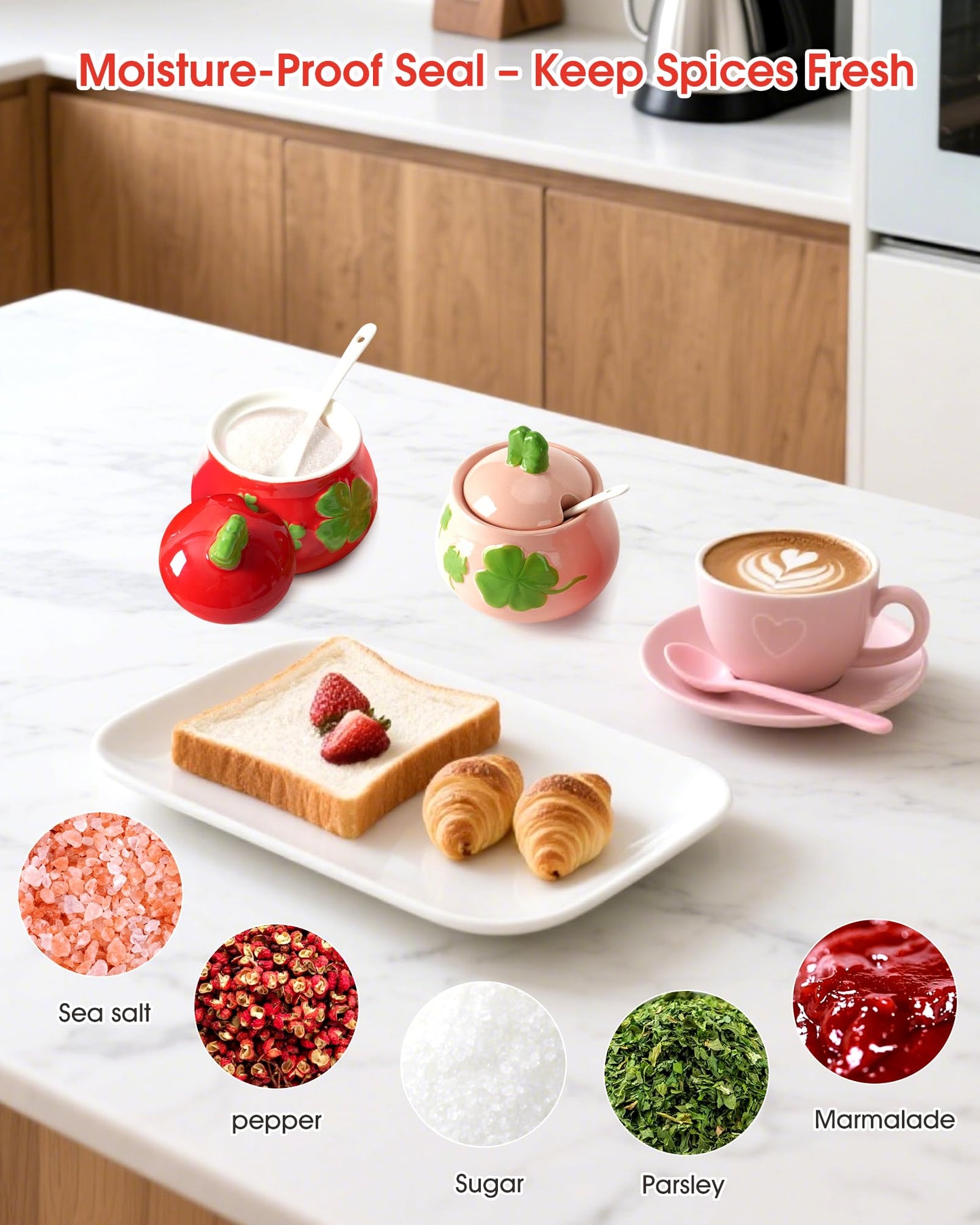 bwszrosa Ceramic Sugar Bowl Set of 2, Four-Leaf Clover Print Sugar and Salt Container with Lid and Spoon, Pink Red Decorative Spice Jar for Kitchen/Tea Time, Dishwasher Safe