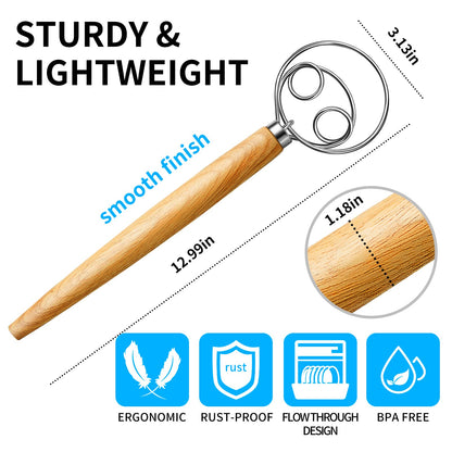 TEEVEA Danish Dough Whisk Stainless Steel Dough Hook Dutch Whisk for Sourdough Bread Dough Mixer Hand Wooden Handle Kitchen Whisking Mixing Tool Bread Making Tools and Supplies