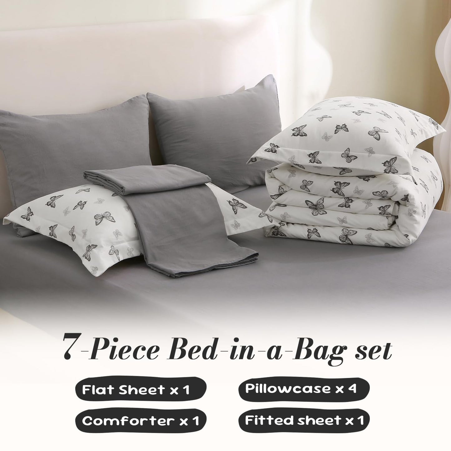 Jameswish 7 Pieces Black Butterfly Comforter Set for Girls Kids Soft Fluffy Bedding Set Twin Size Bed in A Bag as Gifts (1 Comforter, 1 Flat Sheet, 1 Fitted Sheet, 2 Pillowcase and 2 Pillow Sham)