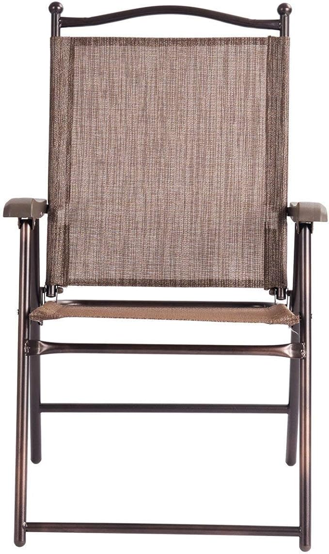 Giantex Set of 2 Patio Folding Chairs, Outdoor Patio Dining Chairs w/Armrest, Sling Back, Metal Frame, Outside Use for Lawn Camping Garden Pool Beach Yard Lounge, No Assembly, Brown