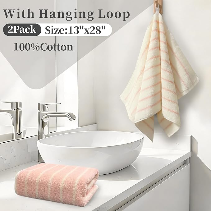 VOOVA & MOVAS Pink Stripe Natural Cotton Hand Towels Set of 2, Bathroom &