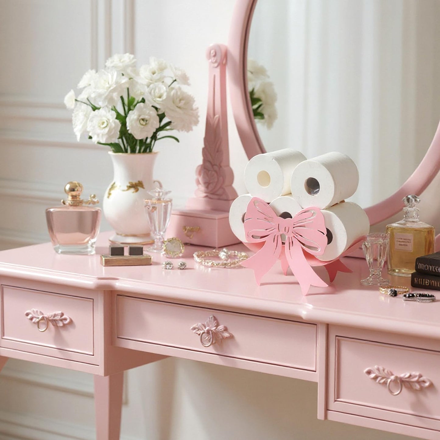 Geelin Bow Metal Toilet Paper Storage Holder Wedding Bow Bathroom Decor 8 Rolls Decorative Toilets Paper Holder Wall Mounted for Bathroom Kitchen Bedroom Coquette Home Decor(Light Pink)