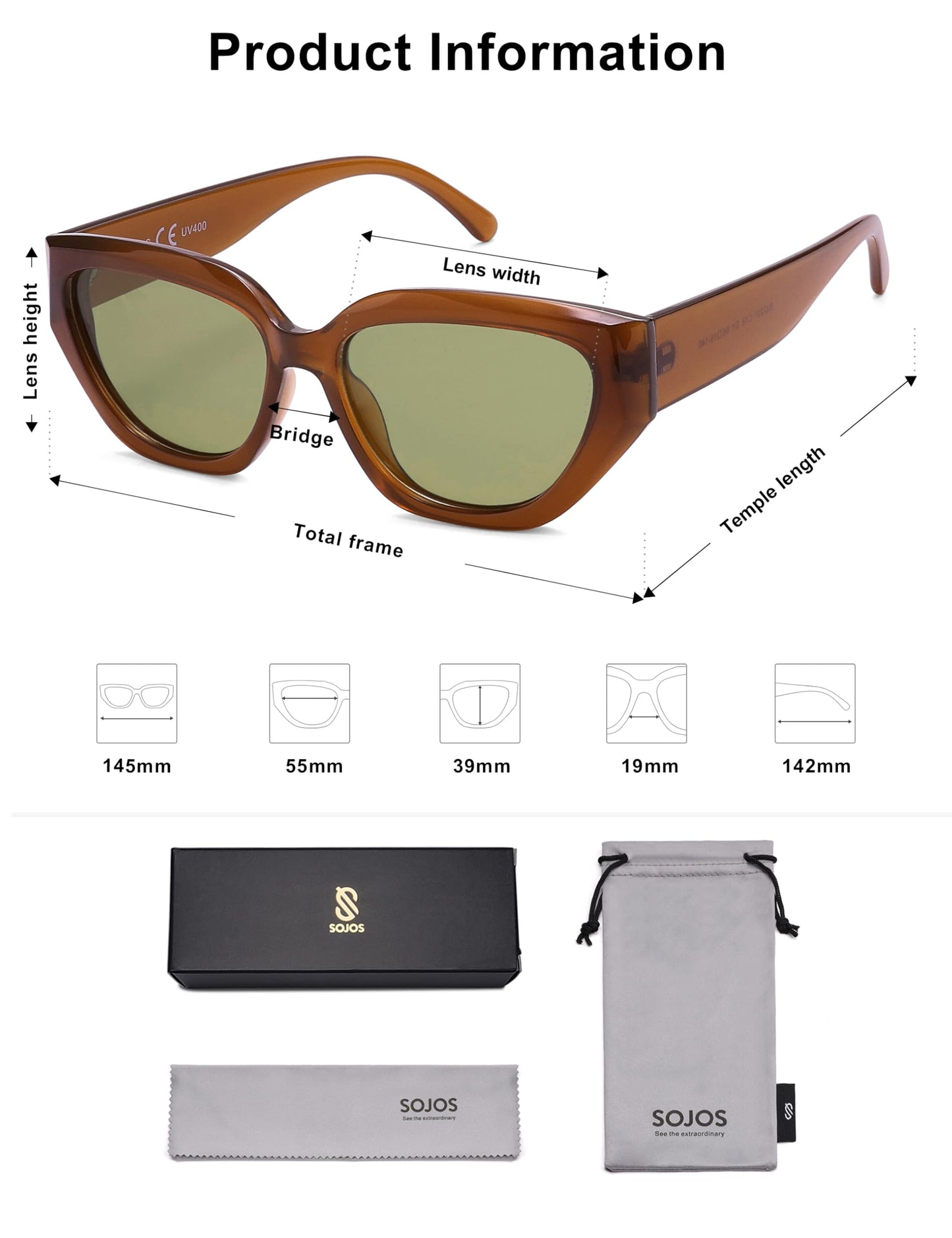 SOJOS Trendy Cute Cat Eye Polarized Sunglasses for Women Fashion Cateye Womens Sunnies SJ2237, Mocha Brown Frame Light Green Lens