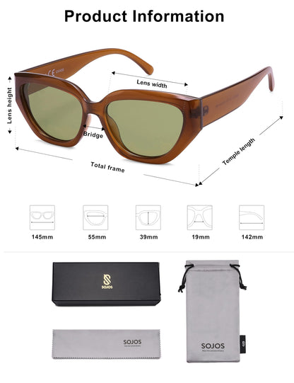 SOJOS Trendy Cute Cat Eye Polarized Sunglasses for Women Fashion Cateye Womens Sunnies SJ2237, Mocha Brown Frame Light Green Lens