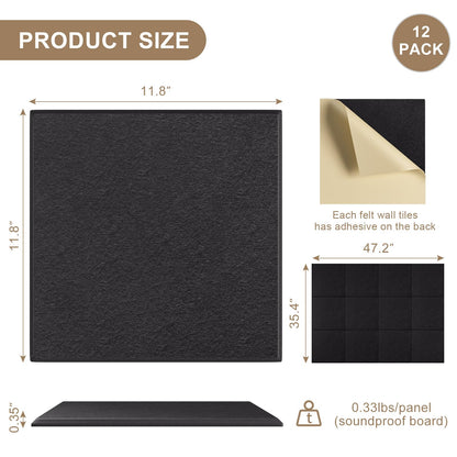 Large Felt Bulletin Board 48" x 36" Self Adhesive Cork Board Alternative 12 Pack Felt Wall Tiles Cork Boards For Walls Thick Slat Wall Panels For Home Office Classroom Decor Pin Board-Black