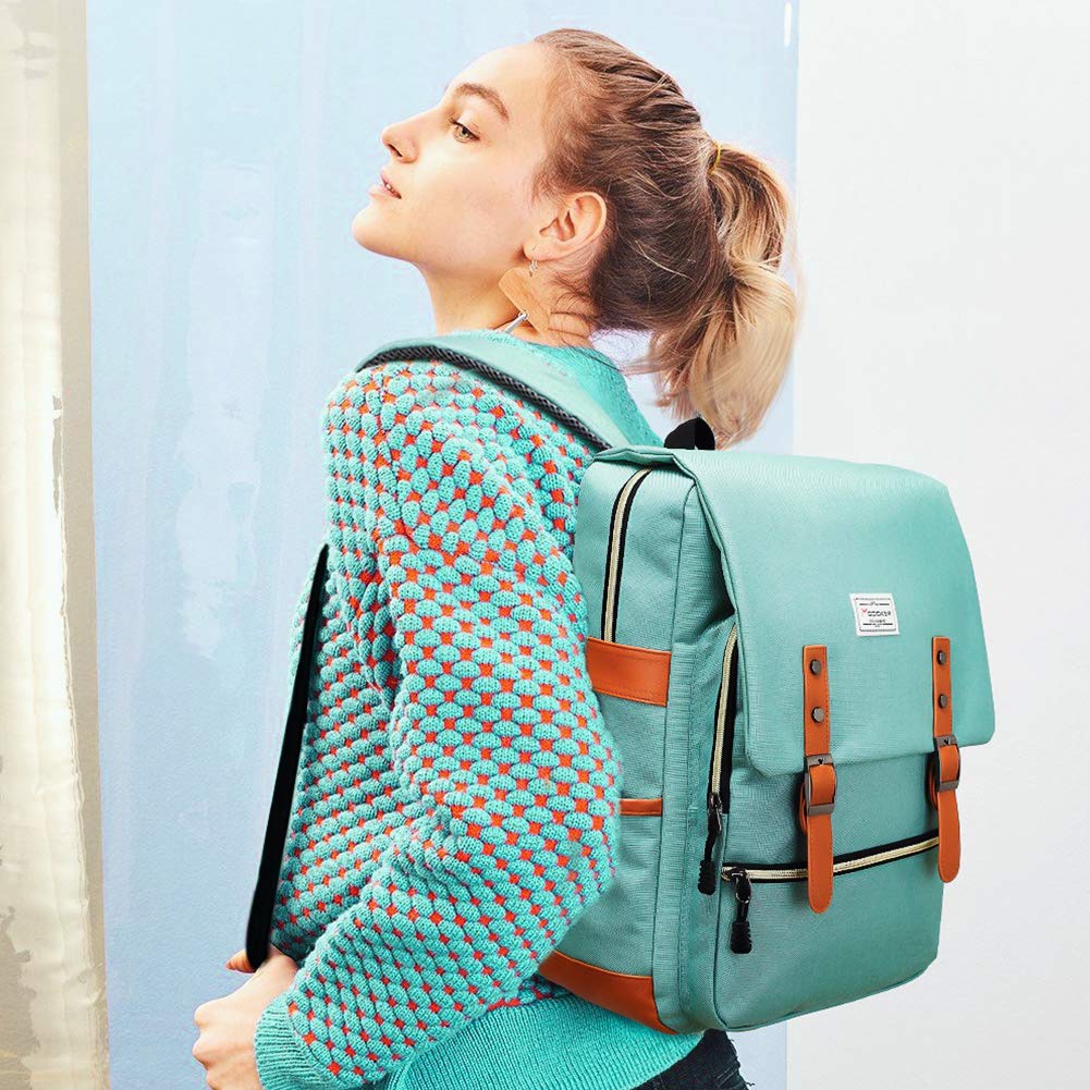 MODOKER Vintage Women Laptop Backpack with USB Charging Port, School College Backpack for Women Men Fashion Backpack Fits 15.6Inch Notebook, Slim Casual Travel Daypack Bookbag Green