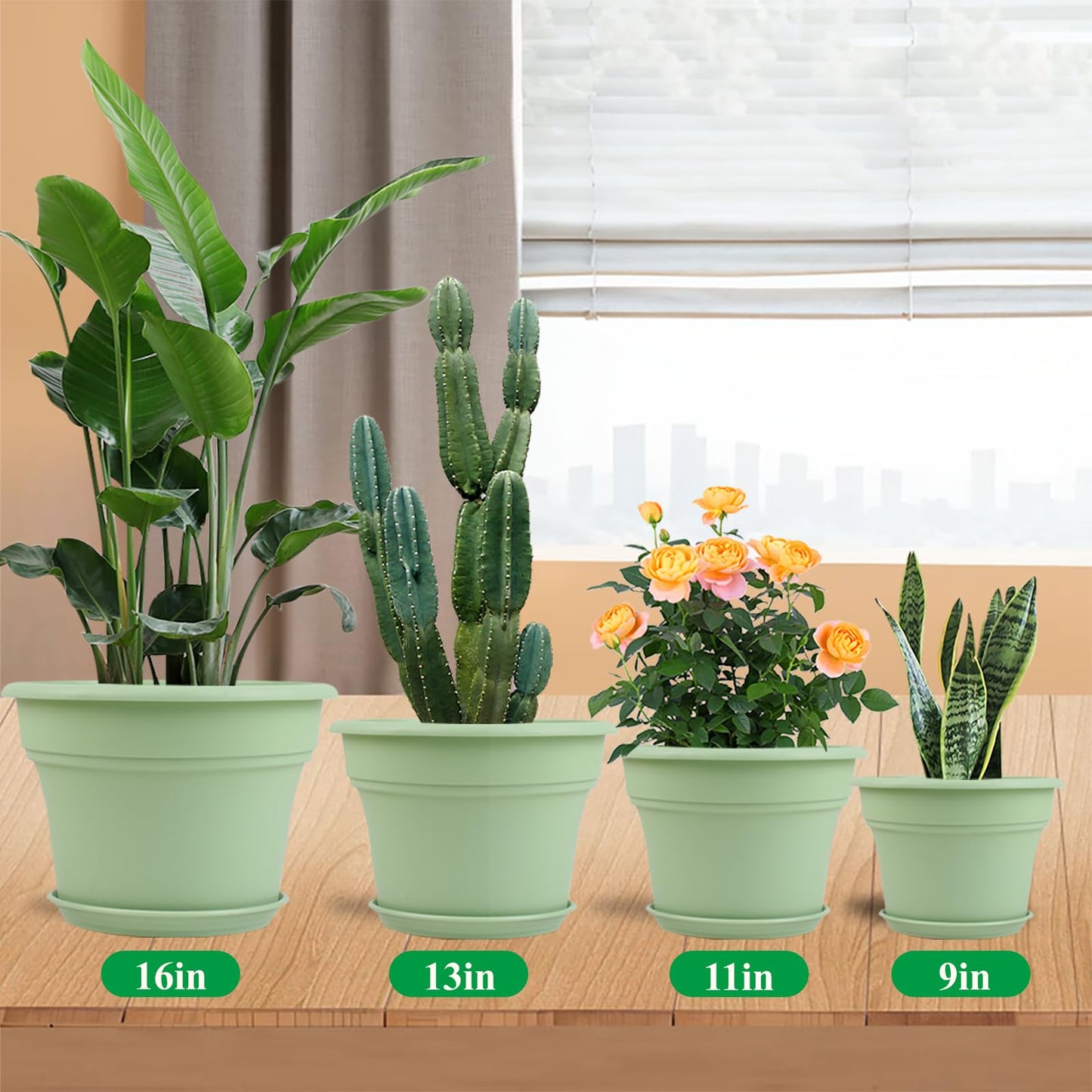 Pottiffe 13 Inch Plastic-Flower-Pot-for-Indoor-Plants, 4 Pack Large Outdoor Planter Pot with Drainage Holes & Saucers, Resin Decorative Garden Pots Planters