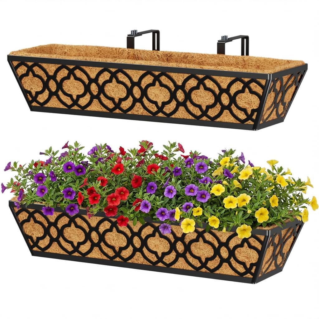Y&M Railing Planter Boxes 24 Inch 2 Pack, Hanging Balcony Planter, Adjustable Deck Railing Planter Box, Metal Window Boxes Outdoor for Fence, Porch Flower Pots Holder