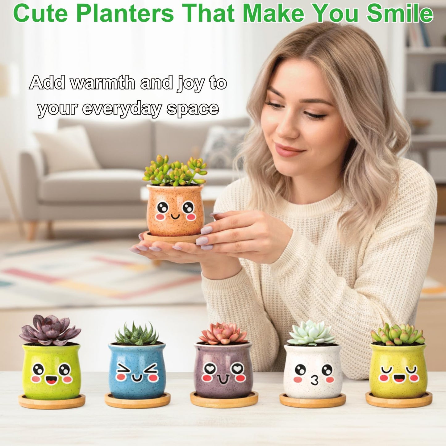 Thorkok 3 Inch Small Succulent Pots 6-Pack Cute Mini Ceramic Pots with Bamboo Tray Cactus Planters for Home and Office Decor Gift for Women, Mom, Plant Lover (Plants Not Included)