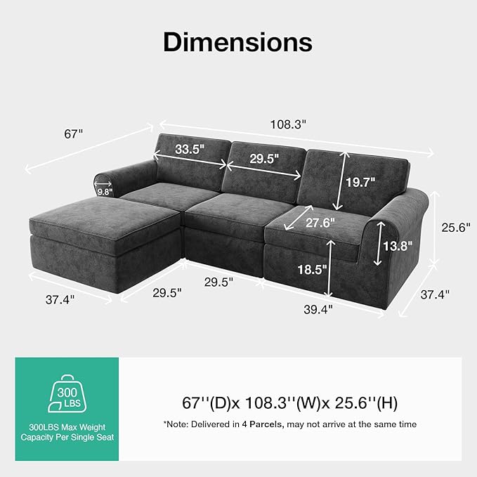 Novilla 108" Modular Sectional Sofa, Modular Sectional Couches