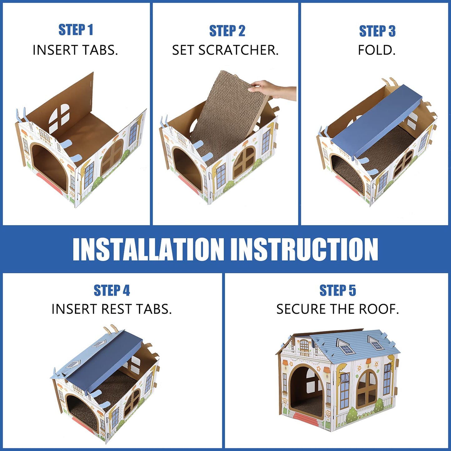 SEKAM Cardboard Cat House with Scratcher/Catnip (16.5''L x 12''W x 13''H), Play House for Indoor Cats， Cat Scratching Box & Hideaway Furniture, Hideout for Small Animals