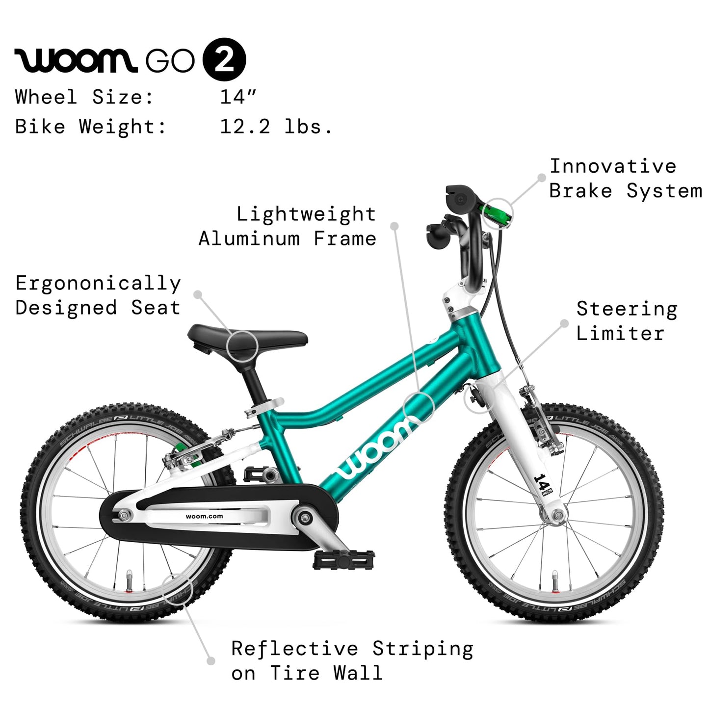 woom GO 2 Bicycle for Children 3 to 4.5 Years Old, 14-Inch Lightweight Bike with Handbrake, Steering Limiter & Chainguard for Boys & Girls - GO 2 - Metallic Turquoise