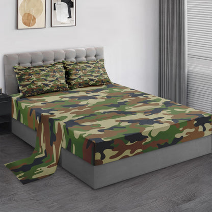 Pamnest Full Size Bed Sheet Sets, Camouflage Army Military Soft Microfiber 4 Pcs Bedding Sets for Kids and Adults Bedroom Bed Decor, Woodland Green Brown Camo Flat, Fitted Sheet and 2 Pillowcases