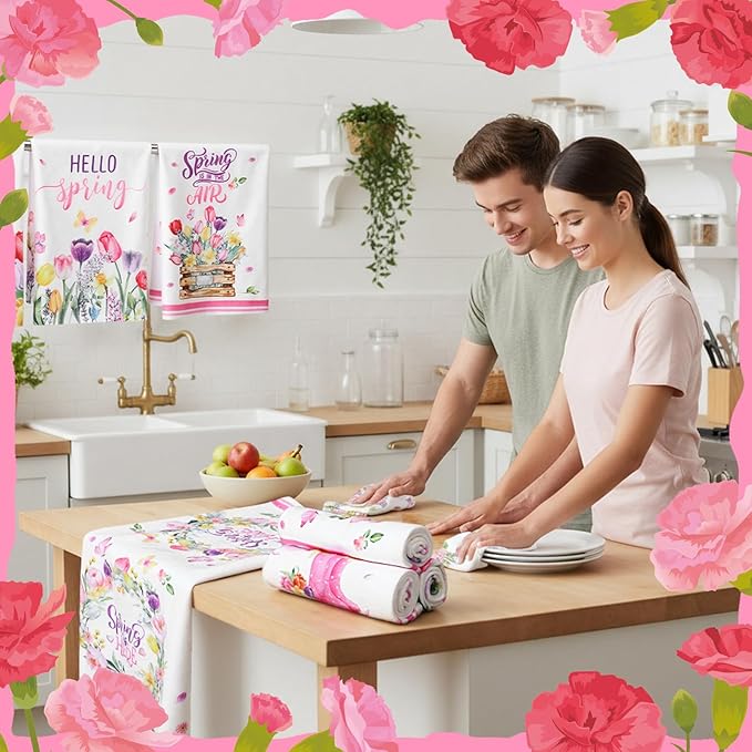 Breling Set of 6 Spring Kitchen Towels Tulip Dish Towel Flower Bathroom