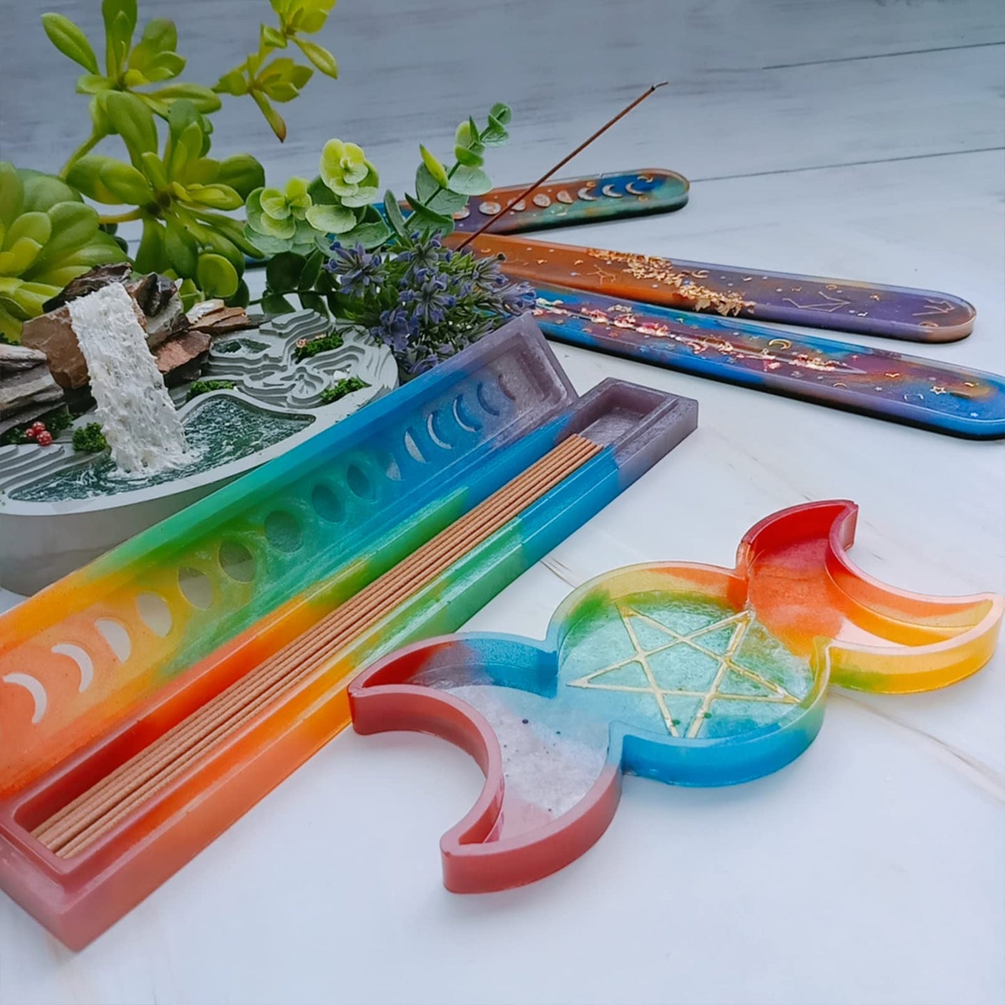 Moon Phase Incense Holder Epoxy Resin Silicone Molds Set Triple Goddess Candle Tray, Ash Catcher, Storage Box 5-Count Around 10inch Long