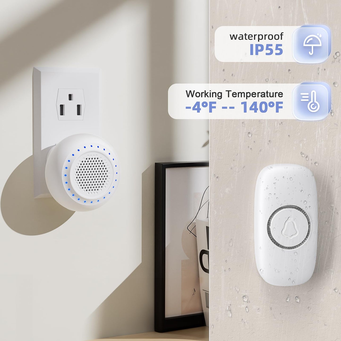 Wireless Doorbell • PHYSEN • Doorbell Chime Kits with 1 Transmitter 1 Receiver • Waterproof • Operating at 1000ft Range • 32 Ringtones • 4 Volume Levels • LED Flash • Door Bell for Home Classroom