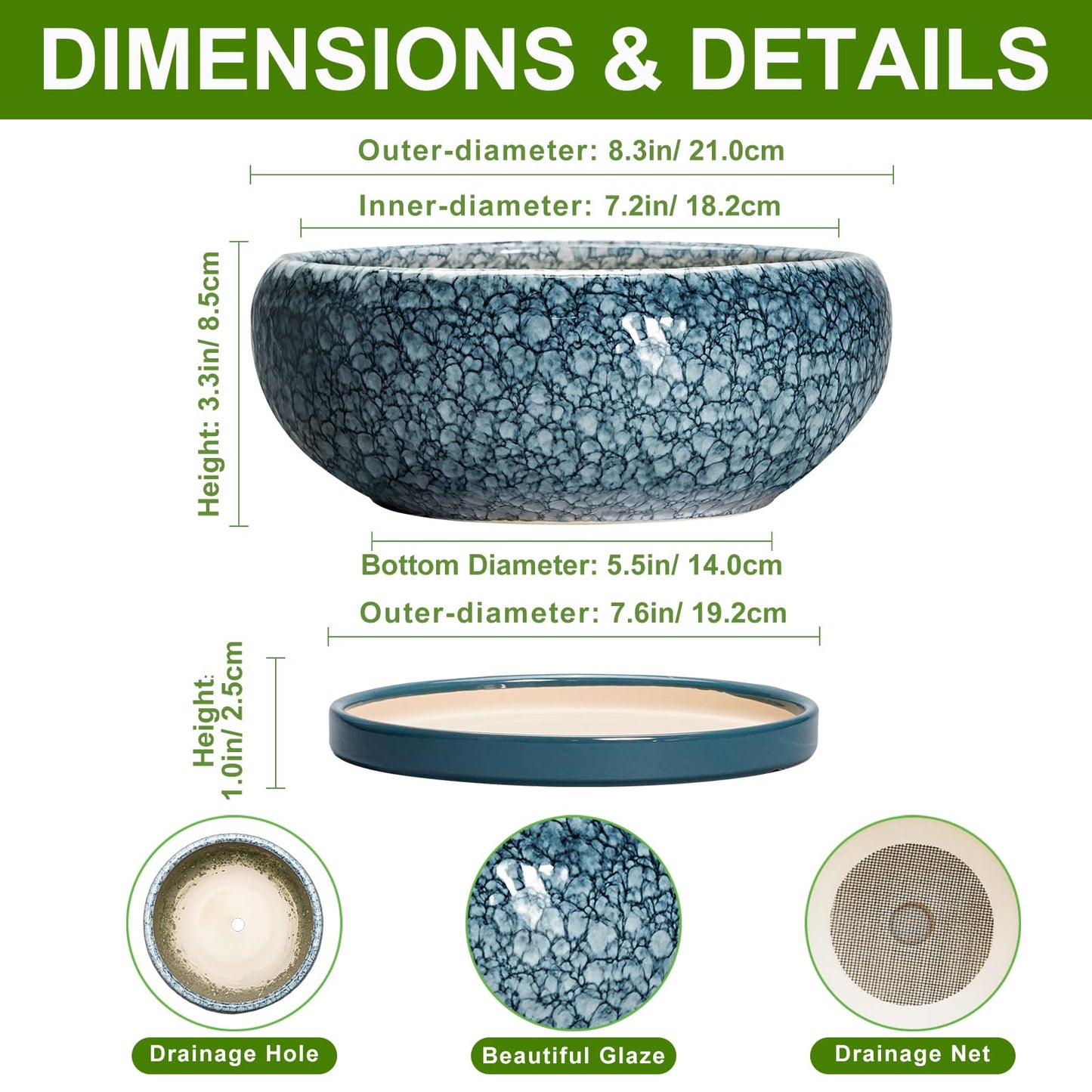EPFamily Ceramic Bonsai Pots - 8 Inch Succulent Planters Indoor Outdoor, Bonsai Planters with Drainage Hole and Saucer, Shallow Planter, Round Planter Bowl, Home Decor, Gifts for Plant Lovers, Blue