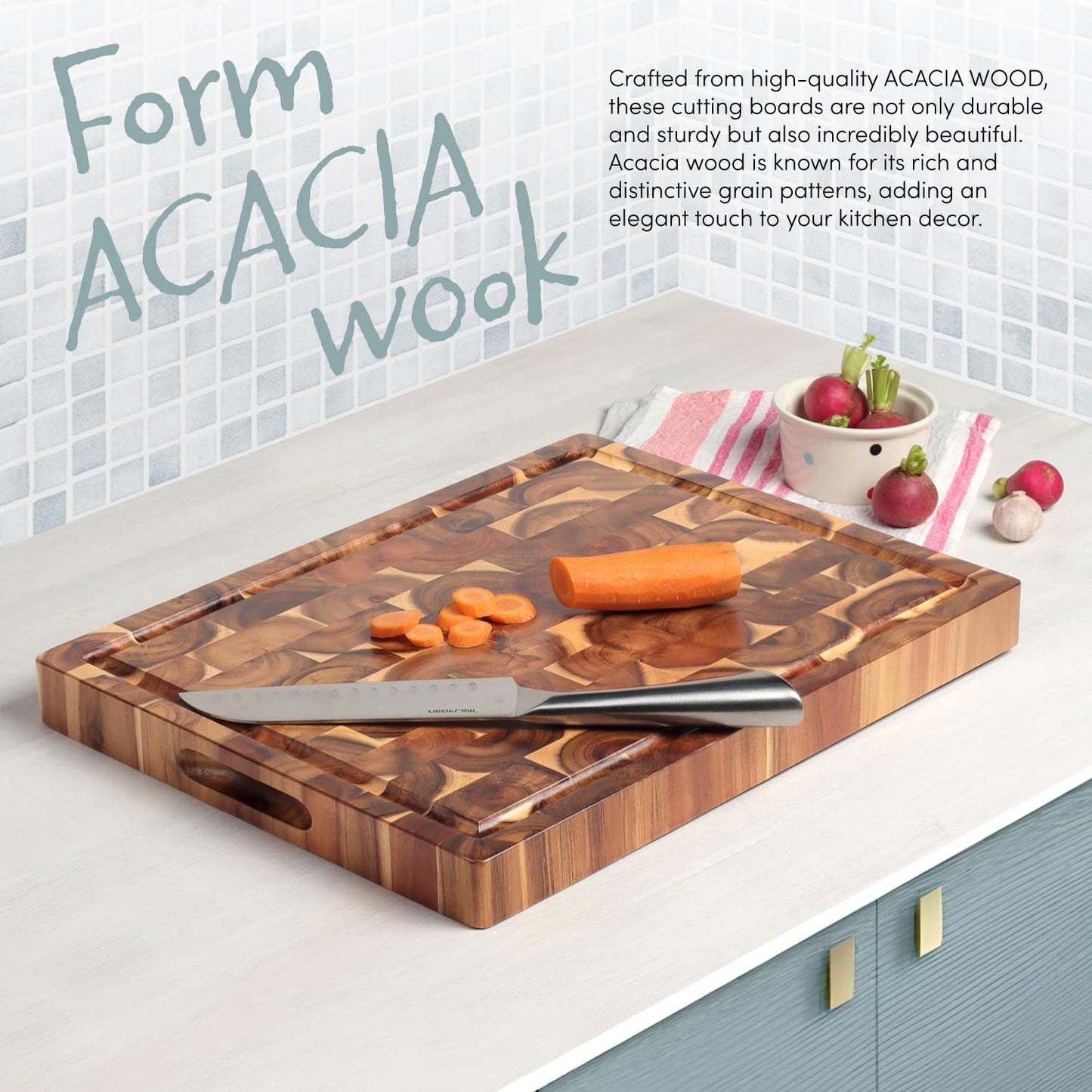 XL Acacia End Grain Wood Cutting Board (20x15x1.5in) Acacia Wooden Cutting Board, Butcher Block, Chopping Board - Reversible Multipurpose For Kitchen with Juice Groove, Cracker Holder & Inner Handles.