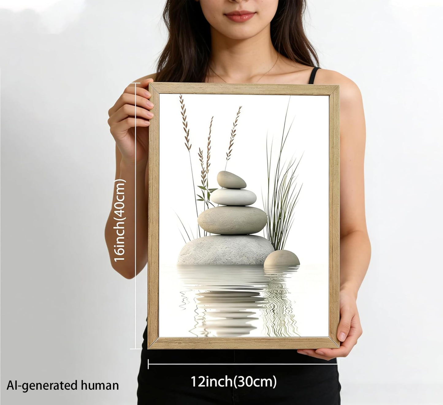 Wooden Frame Zen Stone Canvas Wall Art, Stacked Stones in Water Poster Print. Tranquil Wild Grass Picture for Spa Yoga Meditation Room Bathroom Wall Decor 12x16in Ready to Hang