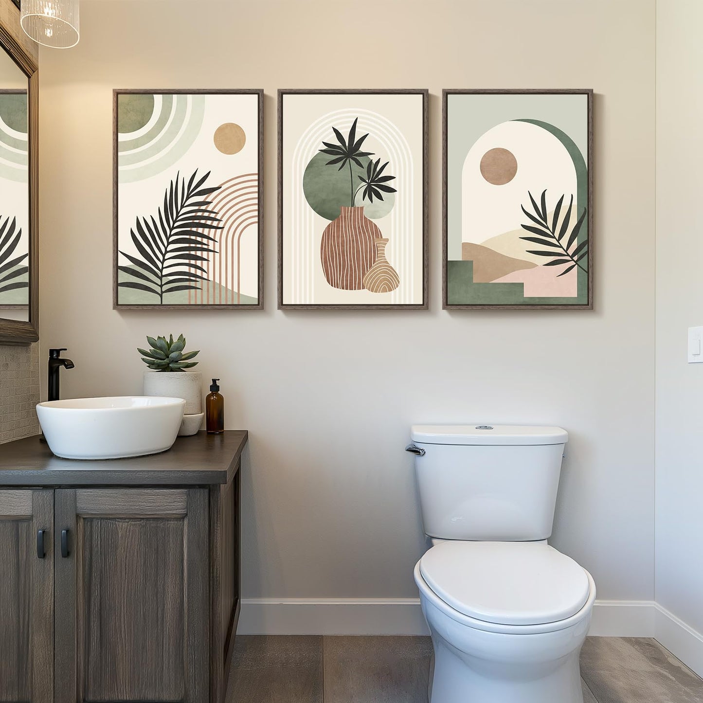 Framed Boho Sage Green Wall Art for Living Room, Large Mid Century Modern Tropical Leaf Canvas Artwork for Walls, 3 Piece Beige Orange Bohemian Wall Art Prints for Bedroom Kitchen Hallway, 16x24 Inch