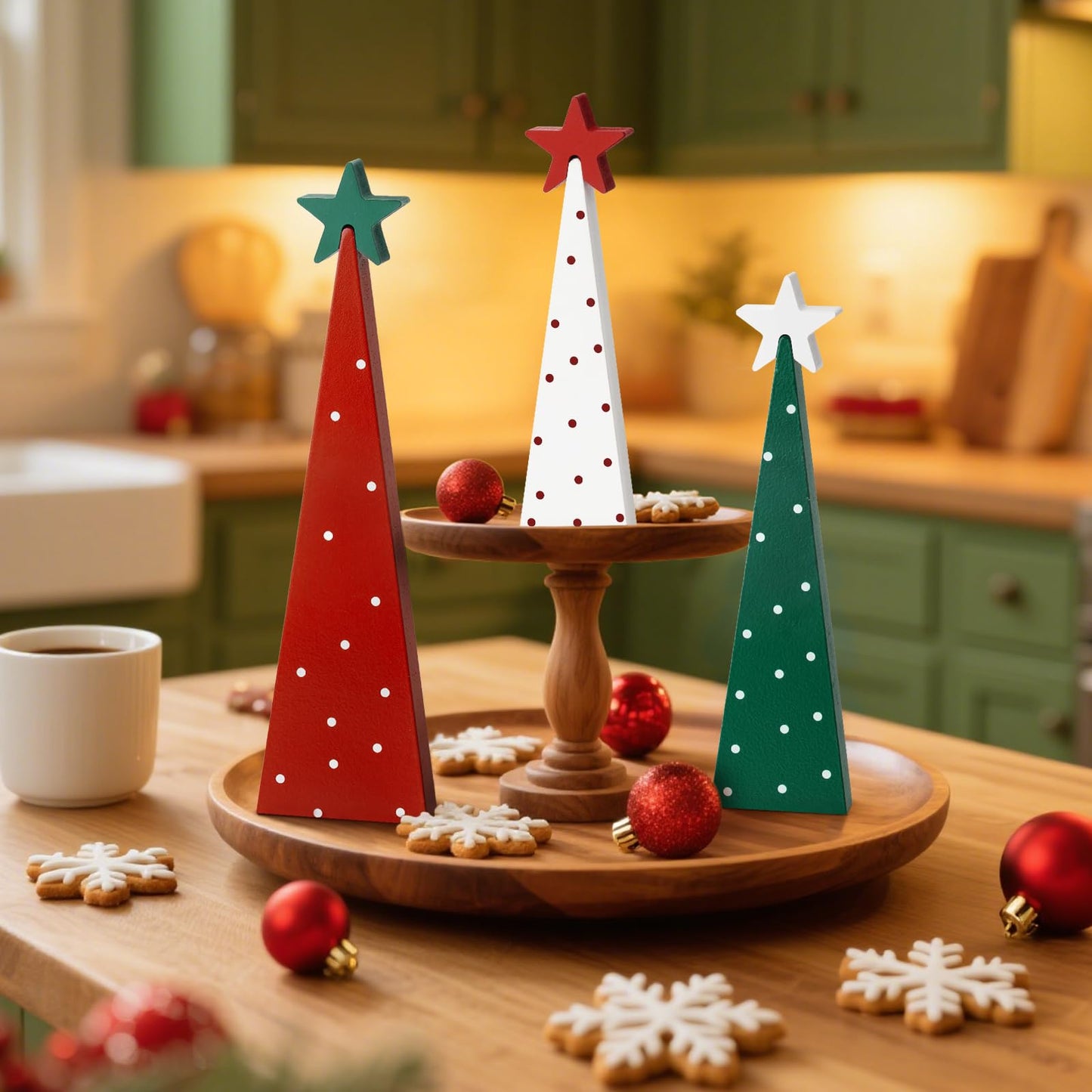 Shaxcoq Christmas Decorations Indoor – Wooden Tabletop Christmas Tree with Star Toppers, Festive Holiday Decorations for Mantel Fireplace Office Kitchen (3pcs)