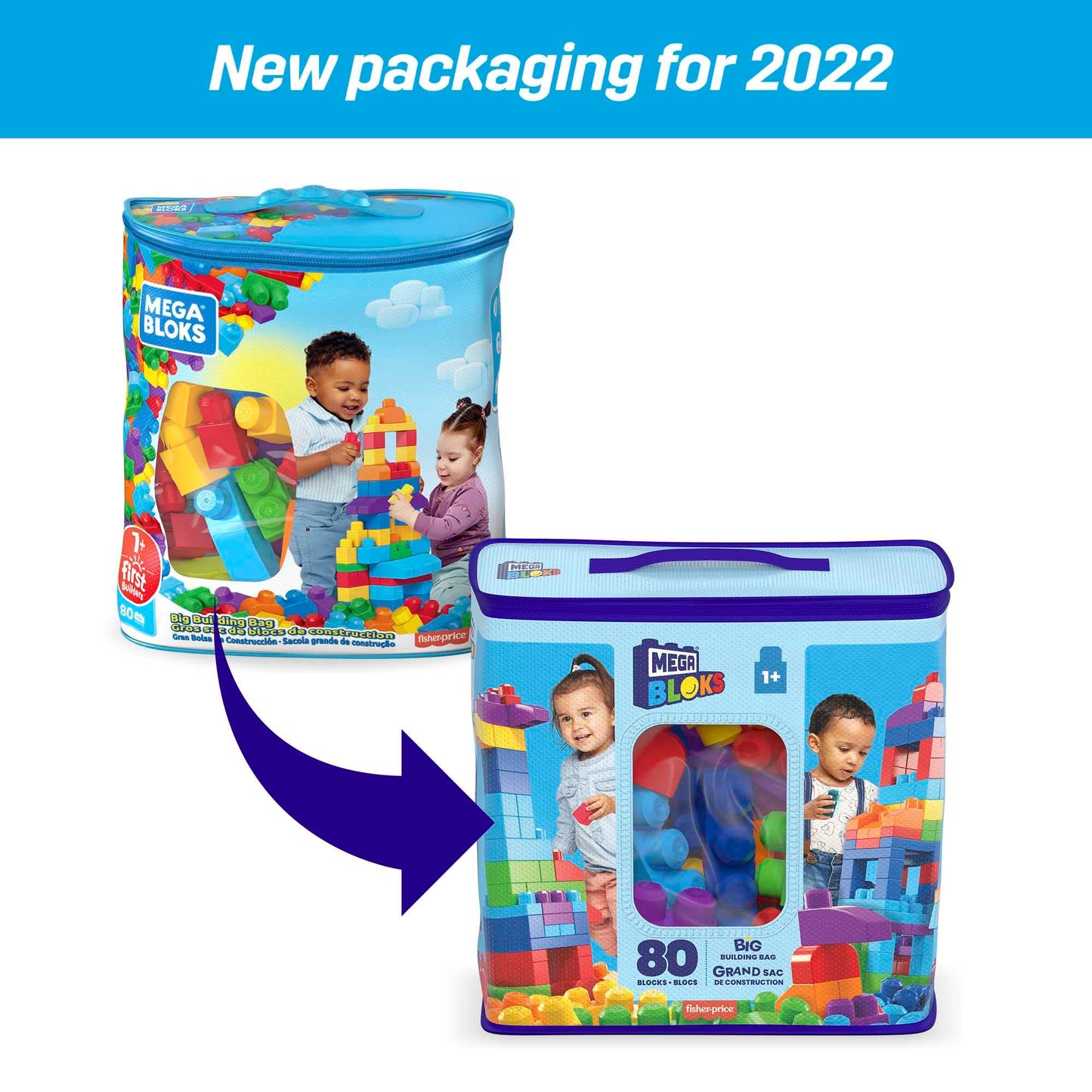 MEGA BLOKS Fisher-Price Toddler Block Toys, Big Building Bag with 80 Pieces and Storage, Blue, Gift Ideas for Kids Age 1+ Years, DCH63