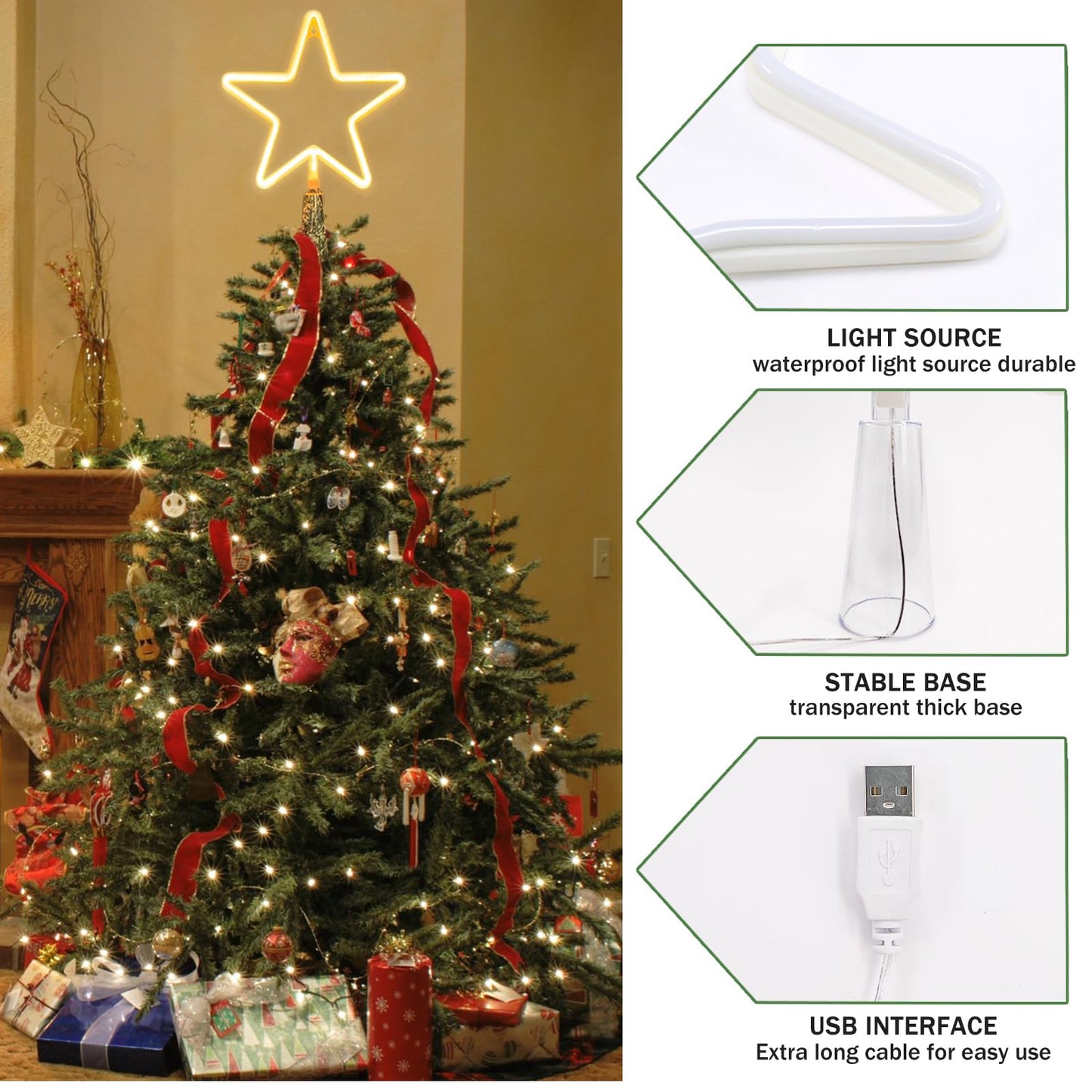 KOUPA 14.5-Inch Christmas Tree Topper Large 5 Point Star Treetop with LED Warm White Lights for Xmas Ornaments and Holiday Seasonal Tree Decorations