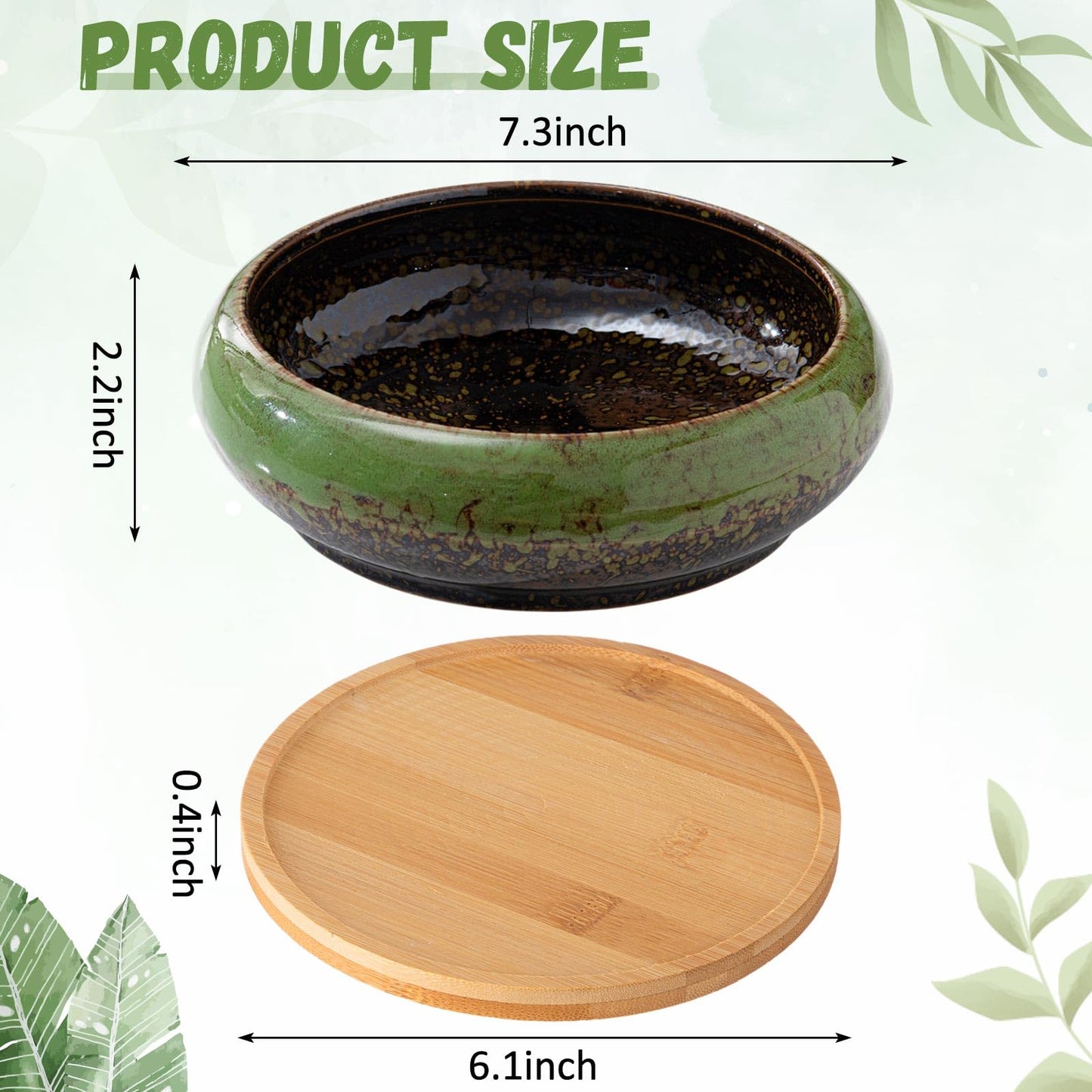 Acellegic 5 Pcs 7.3'' and 4'' Round Large Shallow Succulent Ceramic Planter Pots with Drainage Hole Drip Glazed Shallow Bonsai Pot with Bamboo Tray for Indoor Outdoor Plants Decor Cactus Flower