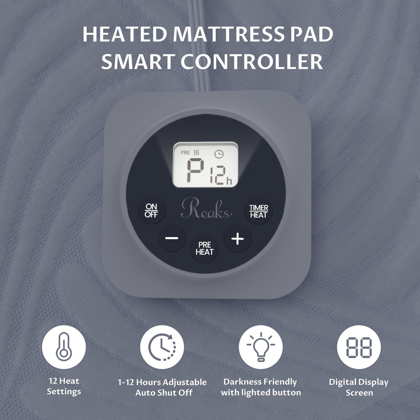 King Size Electric Heated Mattress Pad - Bed Warmer with Memory & Preheat Functions, 12 Heat Settings Dual Control for 1-12 Hours Auto Off, Lighted Button
