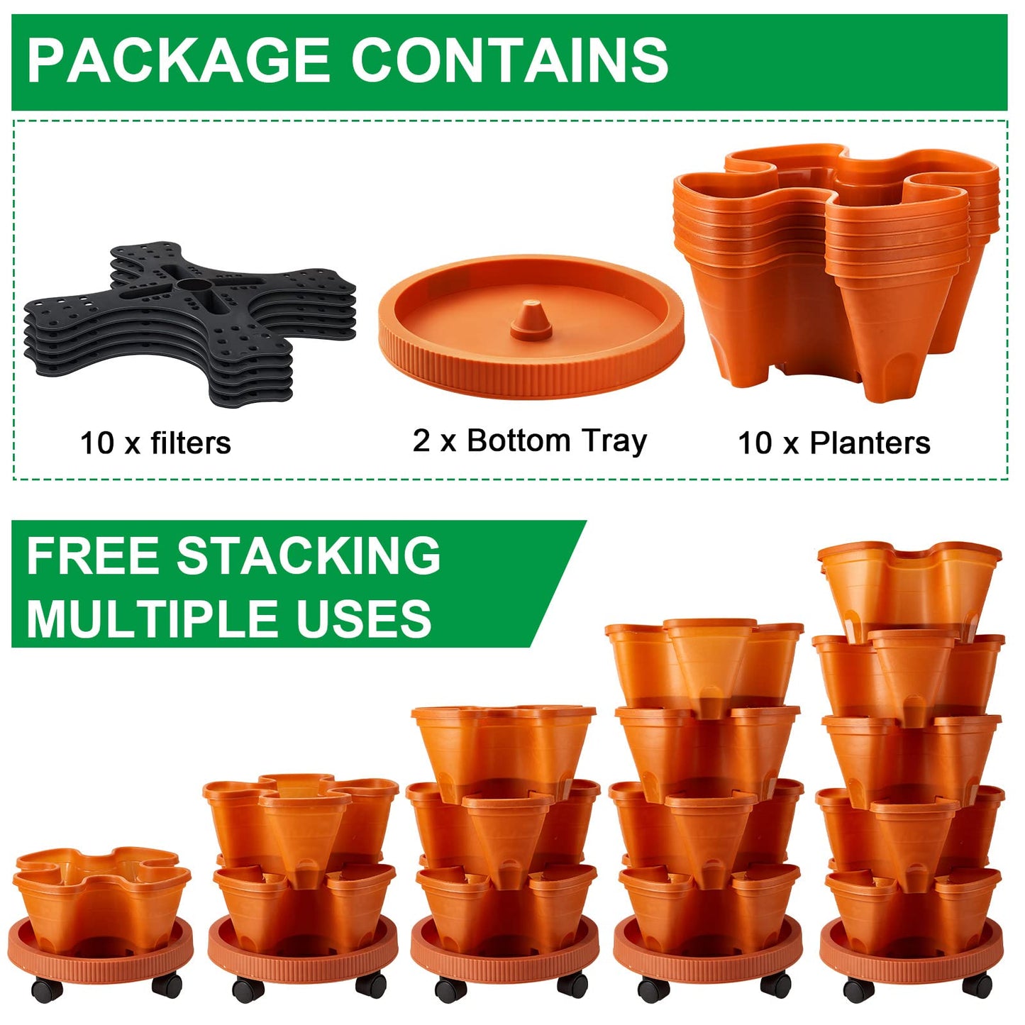 Umigy 2 Set 5 Tier Stackable Planters Vertical Garden Planters for Strawberry Herb Flower and Vegetable Indoor Outdoor Gardening Pots with Removable Wheels and Bottom(Terracotta)
