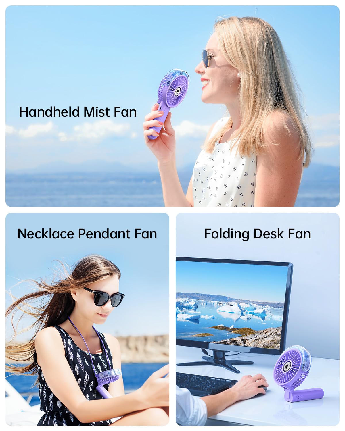 SWEETFULL Portable Misting Fan - 180° Foldable Handheld Personal Fan with Mist Spray, 3 Speeds, 30ml Water Tank, USB Rechargeable for Travel, Outdoors, Makeup, Camping, Home, and Office Use