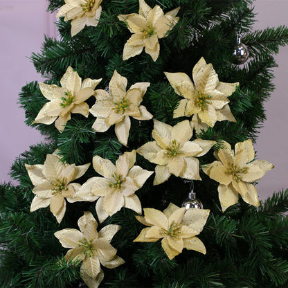 KEPATO Christmas Glitter Poinsettia Christmas Tree Ornaments Pack of 12 (Gold)